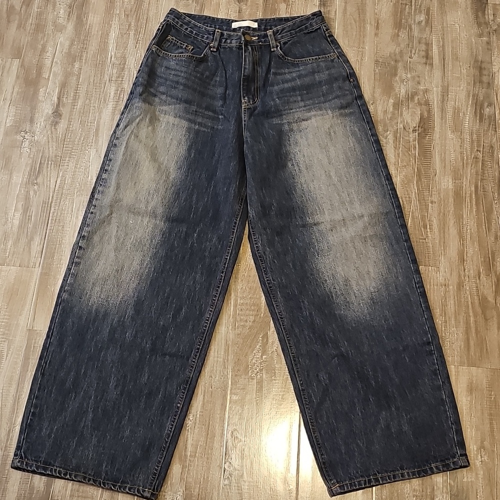 NWOT Oak + Fort Jeans Mid-Rise Curved Leg Dark Wash Denim Pants Medium Baggy - Picture 4 of 9